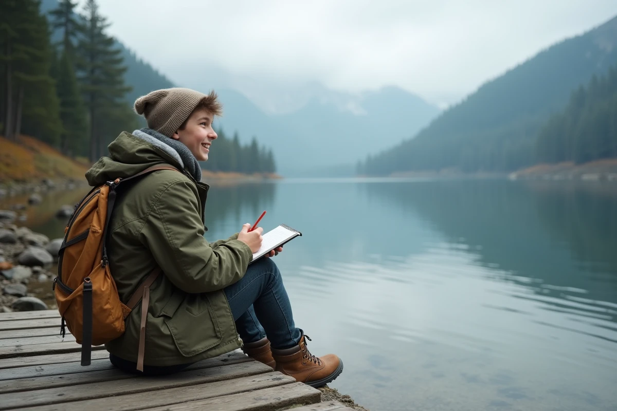 Adolescent assis au bord d’un lac de montagne avec carnet de voyage