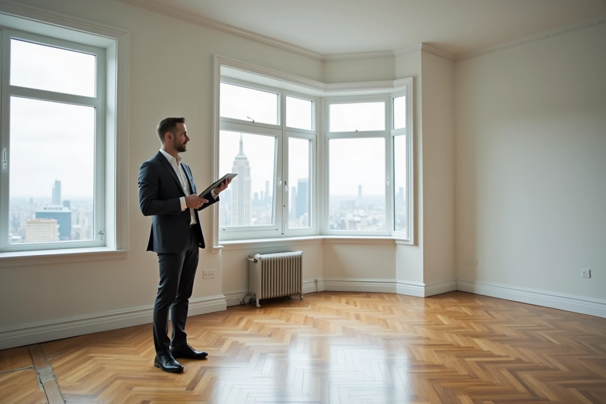 Agent immobilier présentant un appartement vide à louer avec une tablette numérique