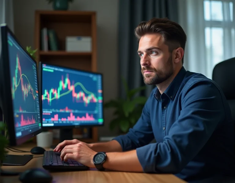 Analyste crypto étudiant les données de pré-lancement d'une nouvelle cryptomonnaie sur deux écrans