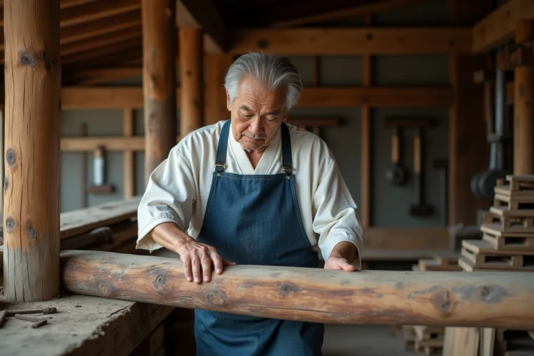 Vieux maître artisan japonais examinant une poutre en bois ancienne dans un atelier traditionnel séculaire à Osaka