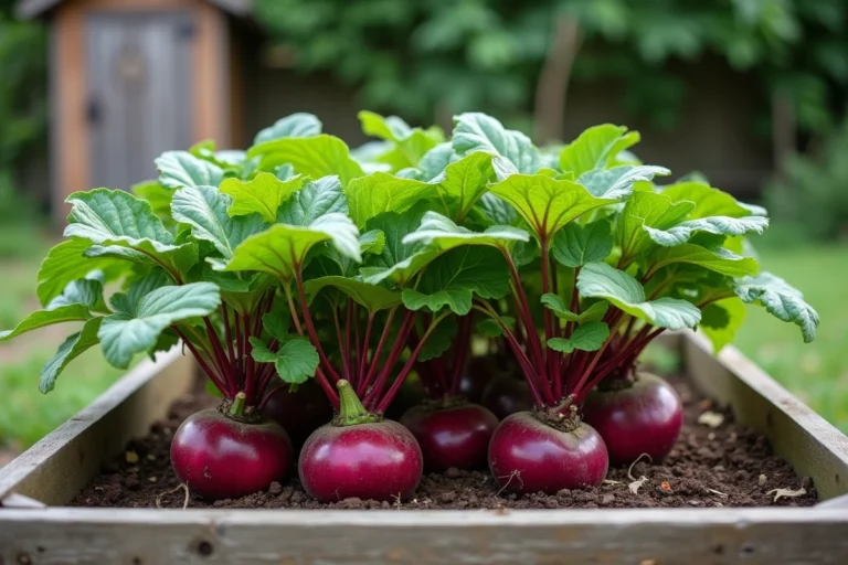 Jardin potager avec aubergines et betteraves cultivées en association dans un carré surélevé en bois
