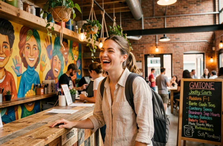 Jeune femme souriante en train de s'enregistrer à la réception d'une auberge de jeunesse colorée avec murales et décorations urbaines