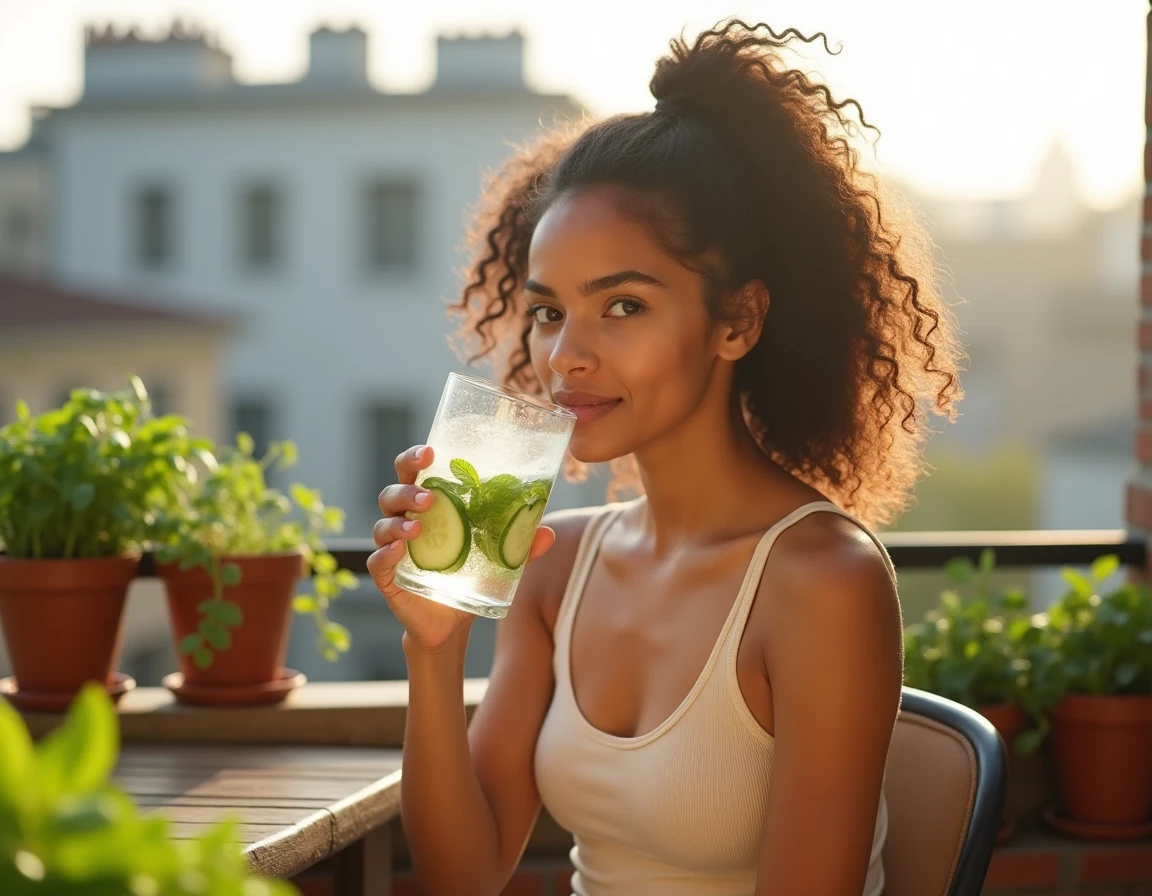 Jeune femme aux cheveux bouclés buvant une eau infusée concombre menthe sur un balcon ensoleillé pour prendre soin de sa beauté naturelle