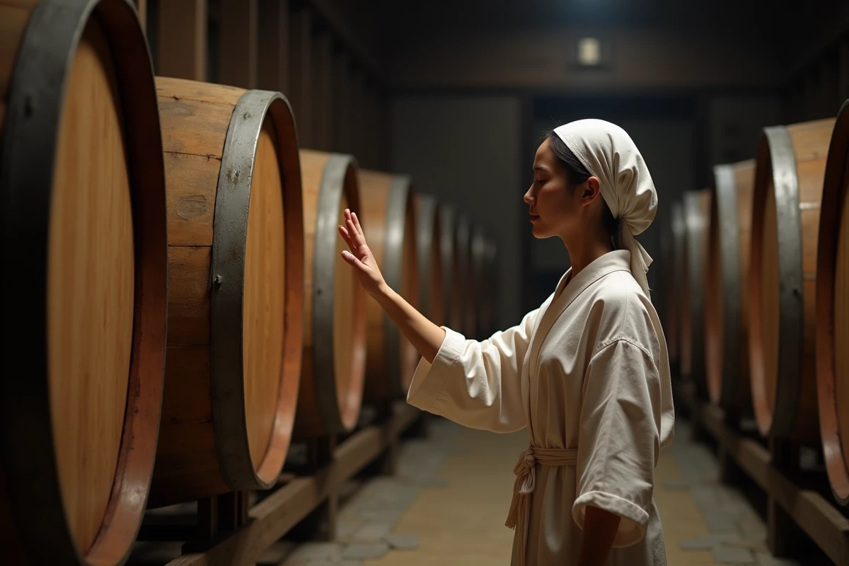 Jeune brasseuse de saké en tenue traditionnelle dans une brasserie japonaise millénaire avec d'immenses tonneaux en cèdre