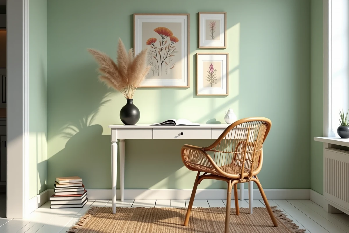 Bureau à domicile avec chaise en rotin vintage, mur galerie de gravures botaniques encadrées et vase noir mat avec herbes de la pampa séchées