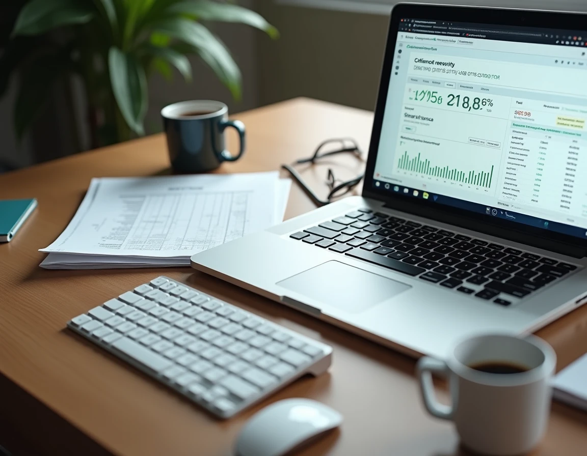 Bureau de recherche avec ordinateur affichant des données de tokenomics et rapport imprimé sur une crypto avant son lancement