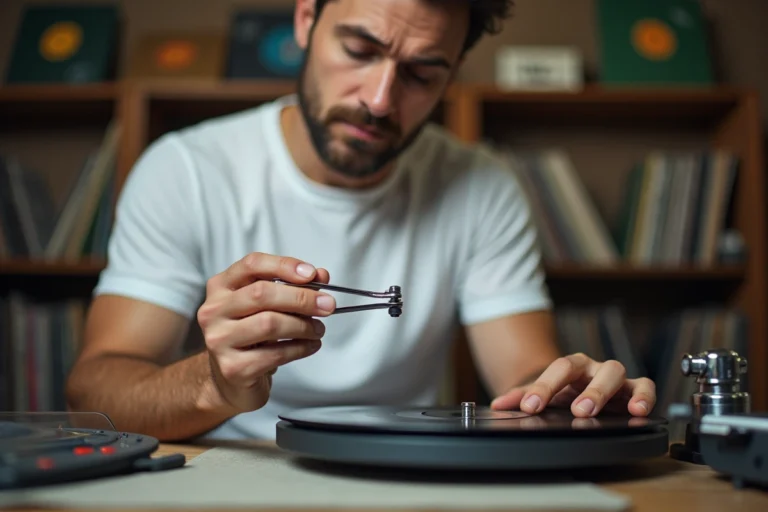 Technicien changeant le diamant d'une cartouche de platine vinyle avec des pinces de précision sur un établi audio