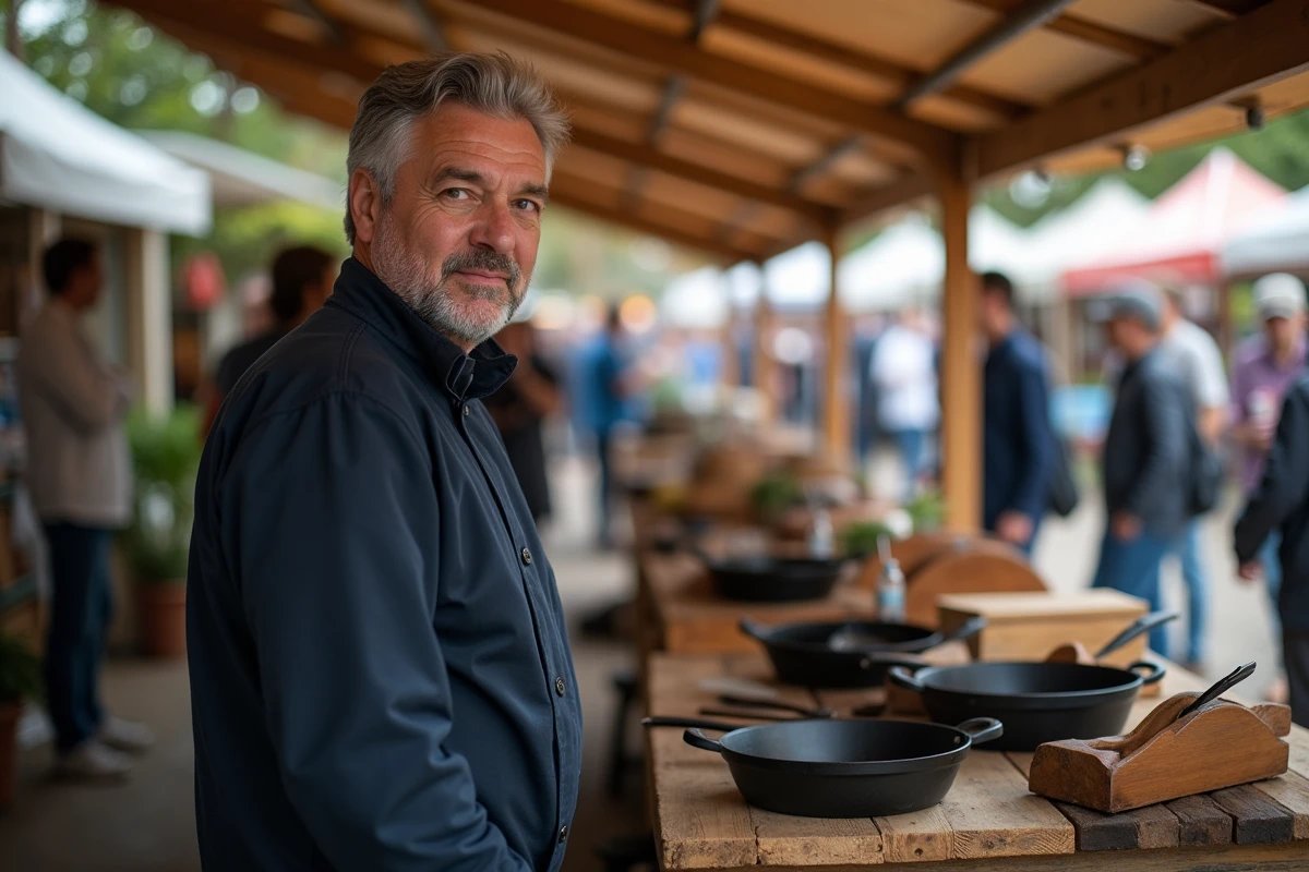 Chef parcourant des ustensiles en fonte sur un marché extérieur spécialisé en équipements de cuisine