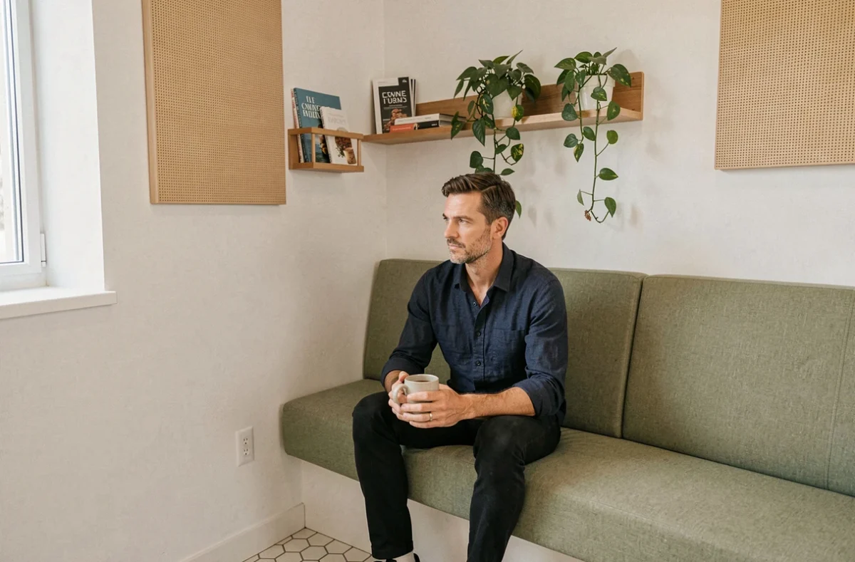 Coin pause bureau intimiste avec banquette verte, plantes suspendues et homme pensif tenant un café dans les mains