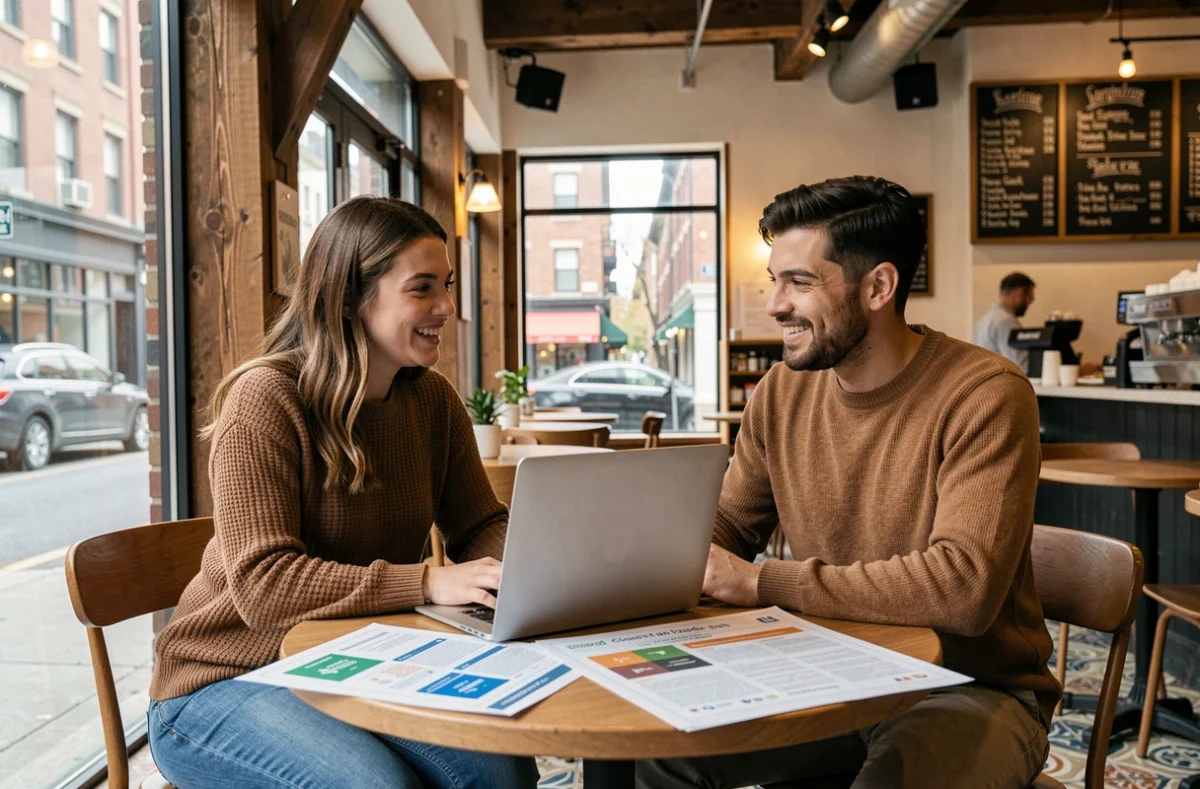 Deux jeunes professionnels collaborant sur des ressources pour booster leur business en ligne dans un café urbain