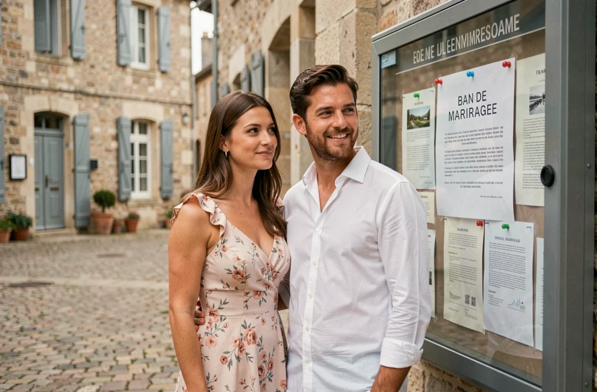 Couple lisant l'affichage d'un ban de mariage devant une mairie de village en France