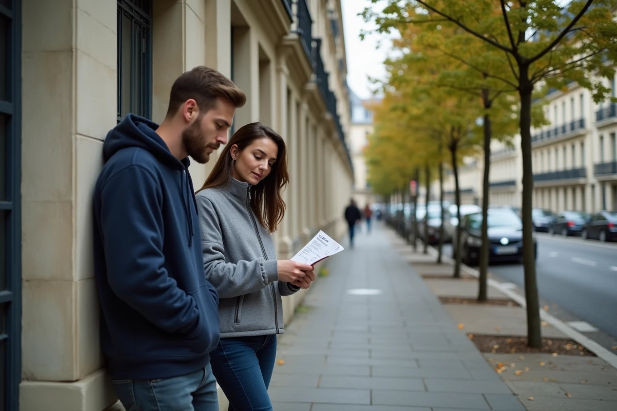 Couple visitant un immeuble résidentiel avec une annonce de location immobilière à la main