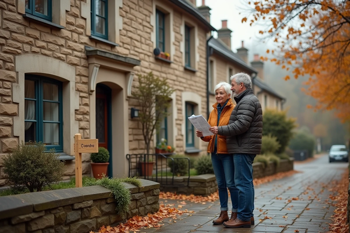 Couple visitant une maison à vendre repérée grâce à une petite annonce immobilière dans une rue résidentielle en automne