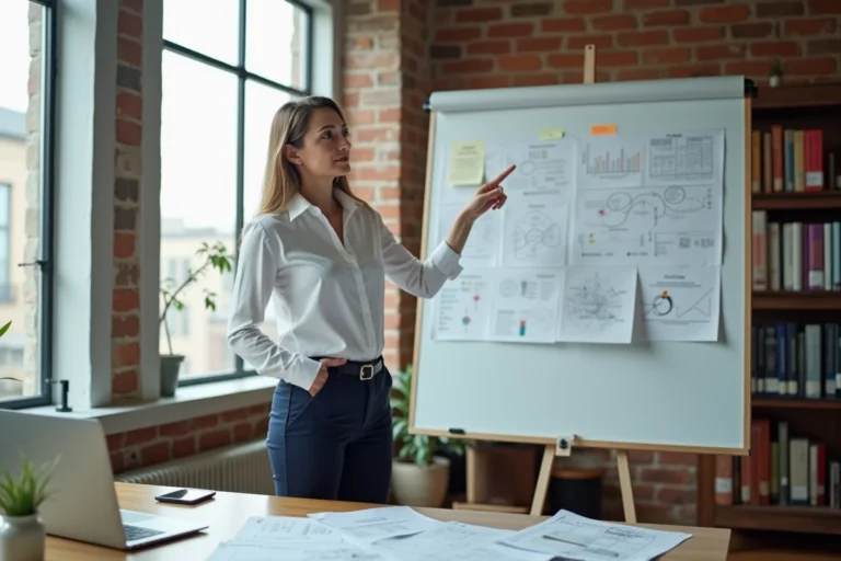 Femme entrepreneure présentant son plan de développement d'entreprise sur un tableau blanc dans un espace de coworking moderne