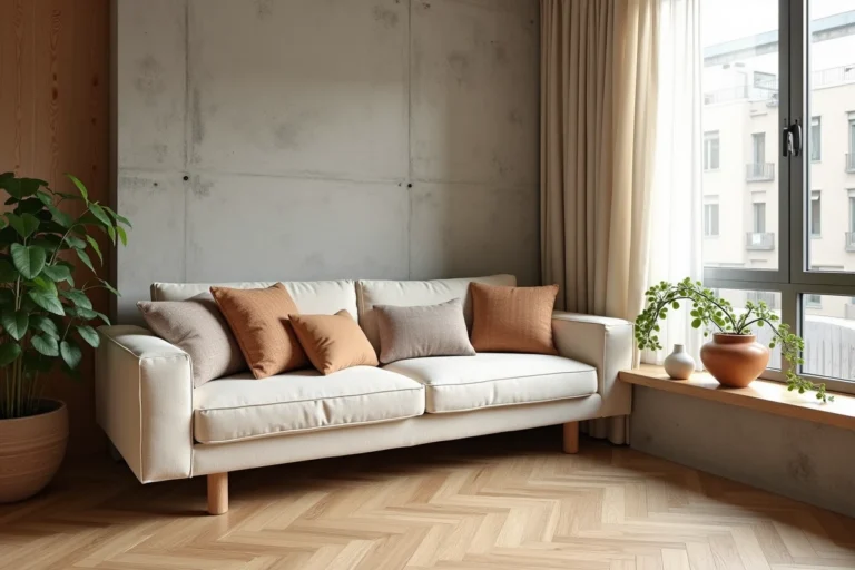 Salon moderne au style scandinave avec canapé en lin crème, vase céramique sculptural et plante verte en pot en terre cuite sur étagère en chêne brut