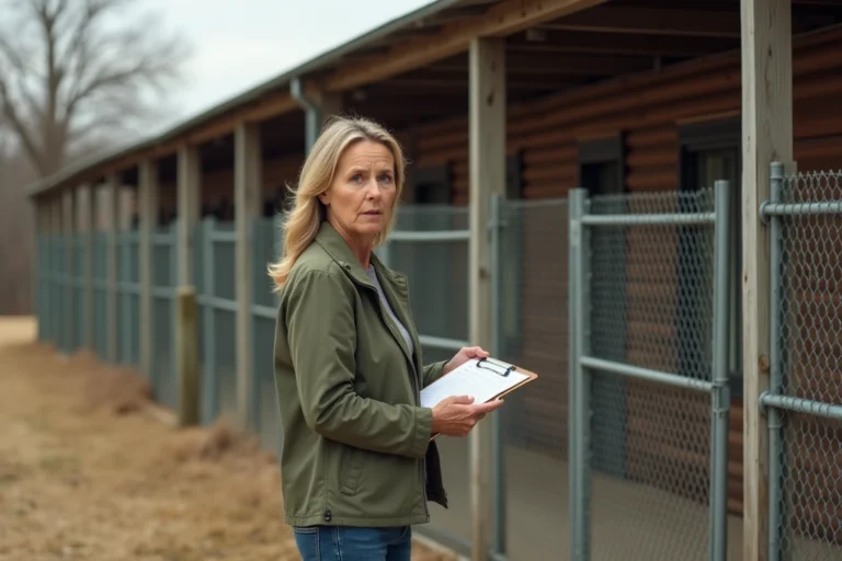 Femme inspectant un élevage de chiens lors d'un signalement officiel, tenant un formulaire de dénonciation