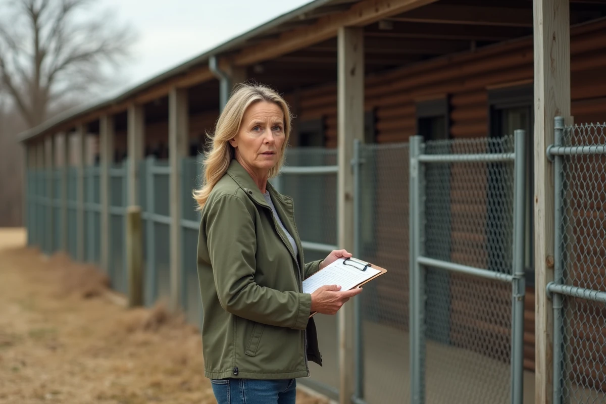 Femme inspectant un élevage de chiens lors d'un signalement officiel, tenant un formulaire de dénonciation