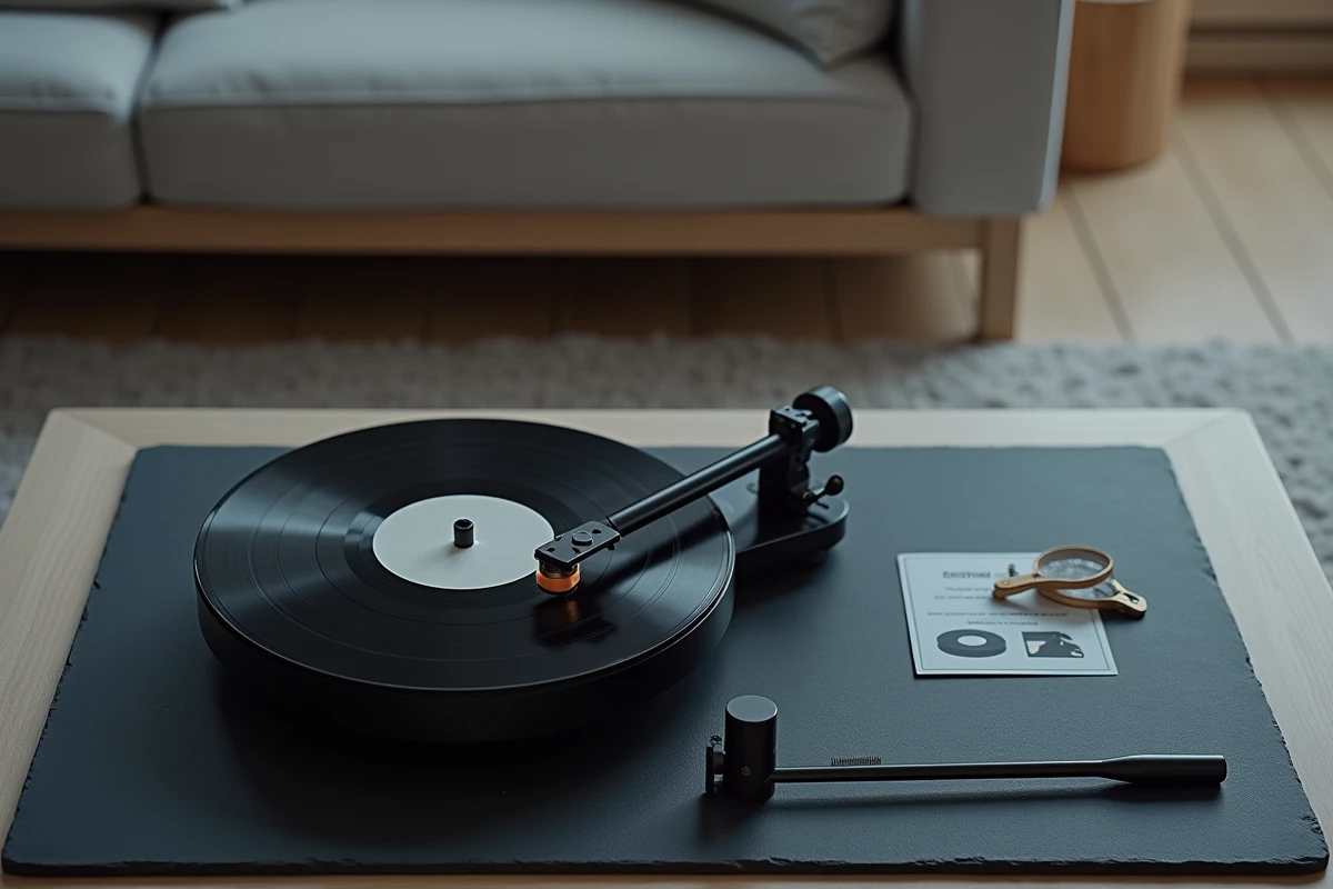 Vue aérienne d'un bras de lecture de platine vinyle avec un diamant de remplacement et une brosse de nettoyage posés sur une surface en ardoise