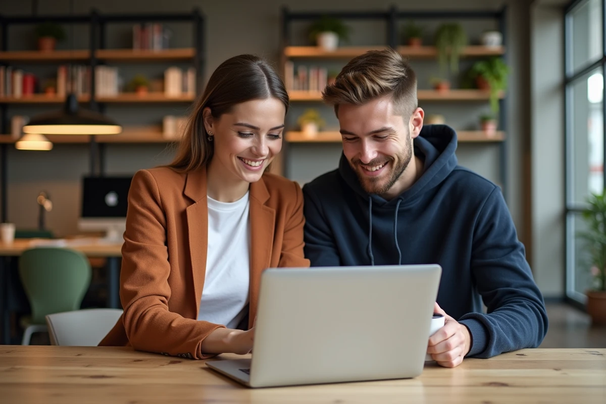 Deux jeunes diplômés en design graphique collaborant sur un projet d'identité visuelle dans un espace de coworking après leur BTS