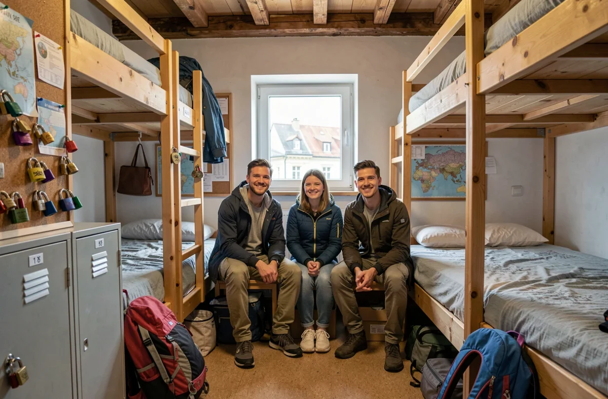 Groupe de jeunes voyageurs dans un dortoir d'auberge de jeunesse avec lits superposés en bois et casiers métalliques colorés