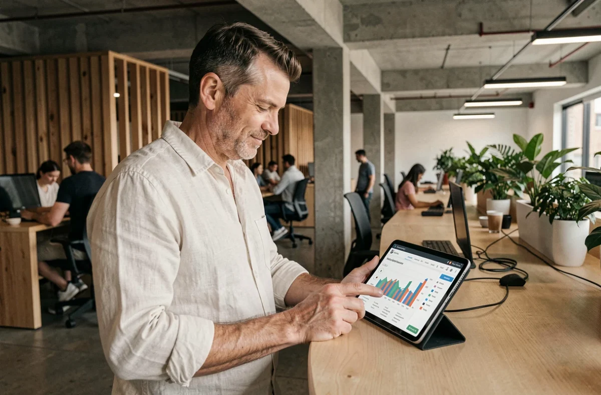 Entrepreneur masculin consultant des outils de business en ligne sur tablette dans un espace de coworking moderne