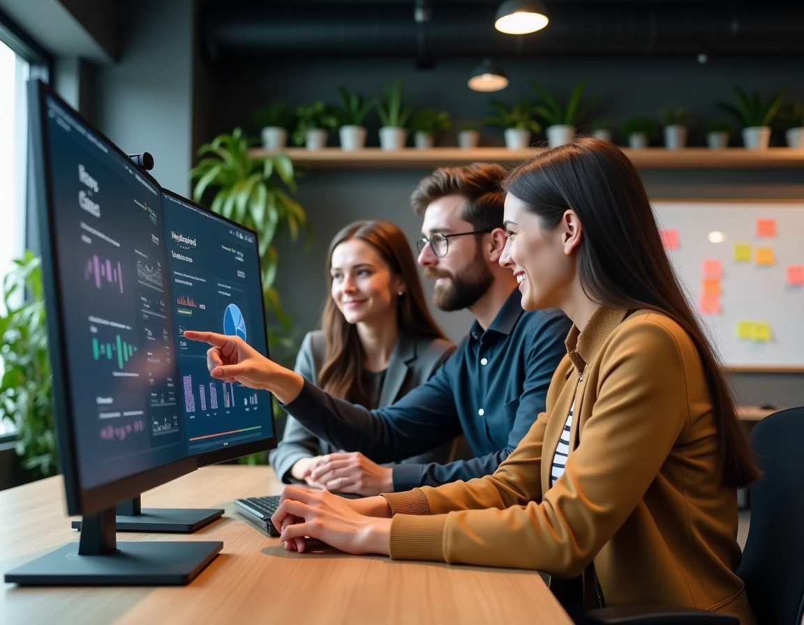 Équipe de professionnels analysant un tableau de bord d'actualité digitale dans un espace de travail moderne