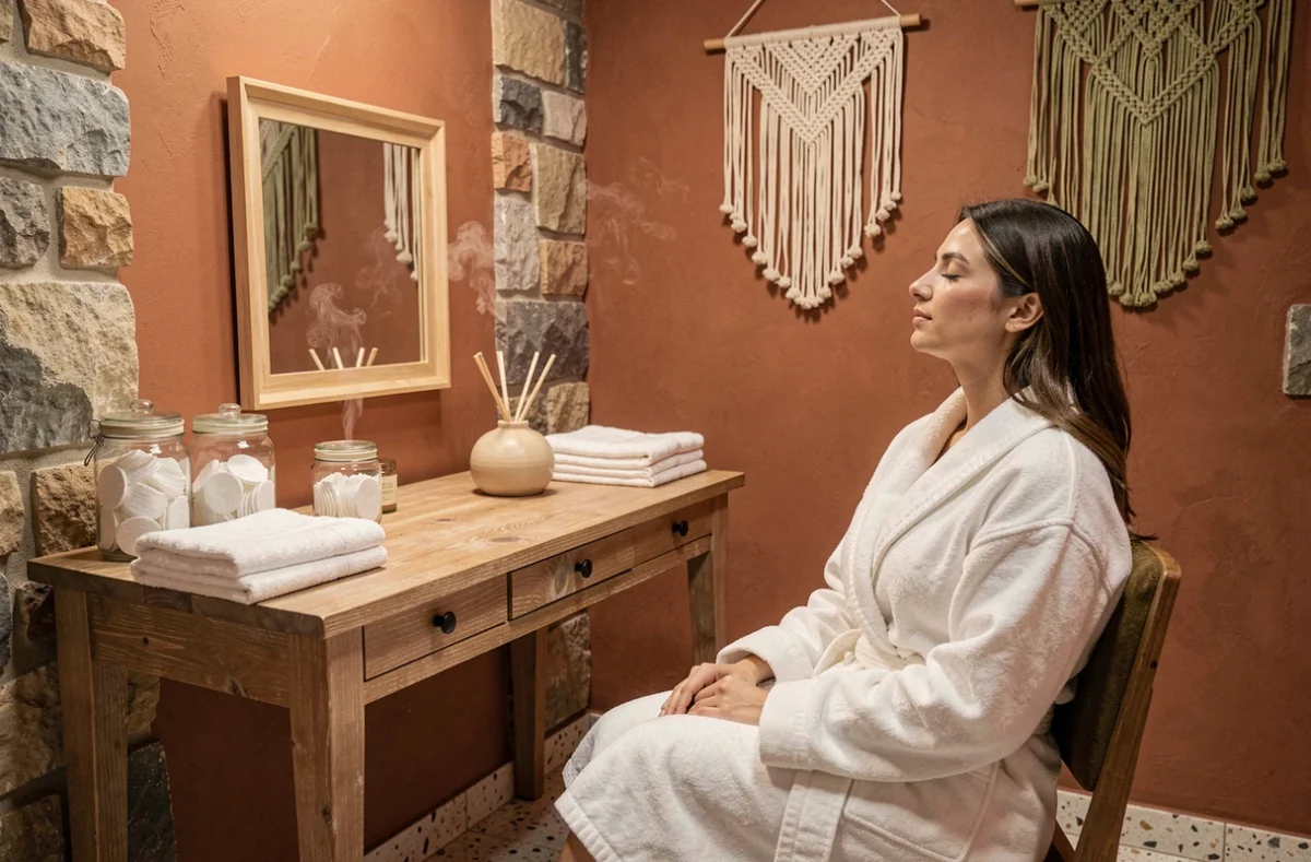 Femme en robe de bain se relaxant dans un espace bien-être soigné d'un institut de beauté authentique et chaleureux