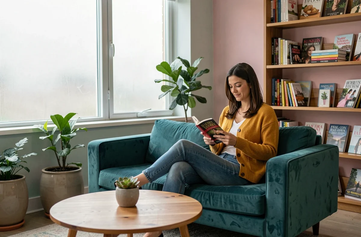 Espace détente bureau avec canapé velours, table basse ronde et plantes en pot dans une atmosphère apaisante