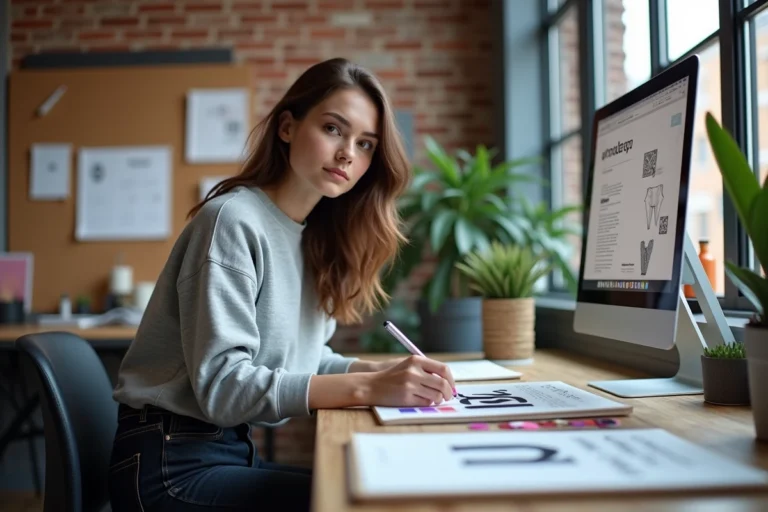 Étudiante en BTS design graphique travaillant sur un projet de branding dans un studio créatif avec tablette graphique et maquettes imprimées