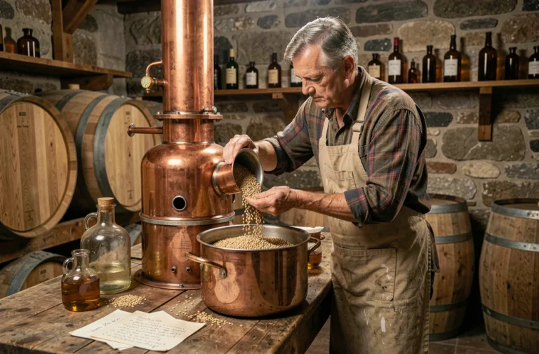 Homme fabriquant du whisky maison en versant du malt d'orge dans un alambic en cuivre dans une cave de distillation rustique