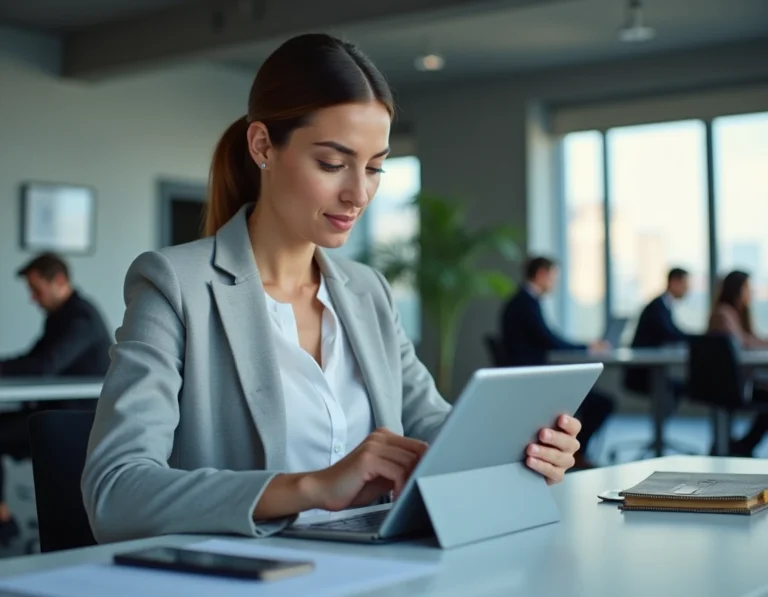 Femme professionnelle consultant l'actualité digitale sur une tablette dans un bureau moderne