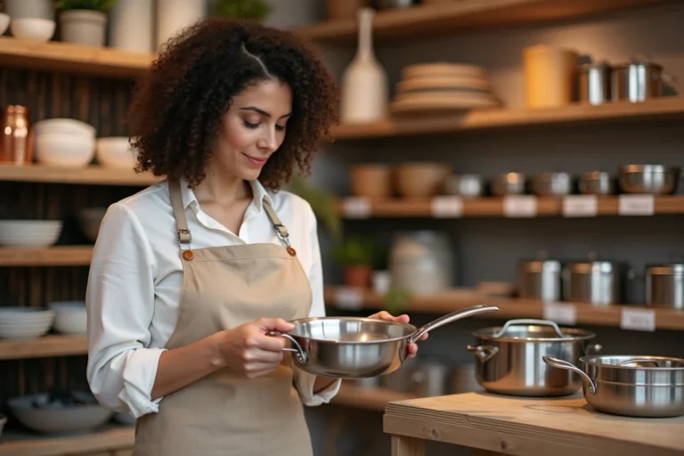 Femme examinant une poêle en acier inoxydable dans une boutique d'ustensiles de cuisine bien fournie