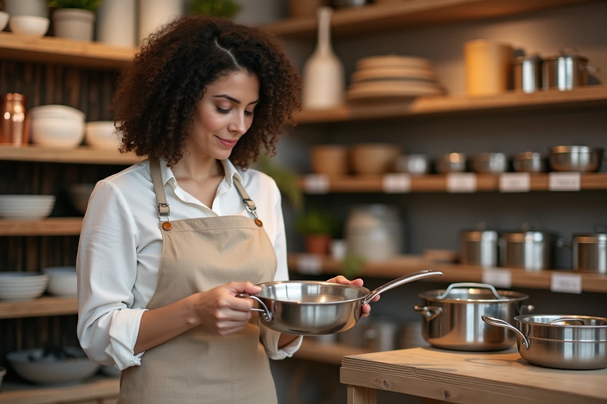 Femme examinant une poêle en acier inoxydable dans une boutique d'ustensiles de cuisine bien fournie