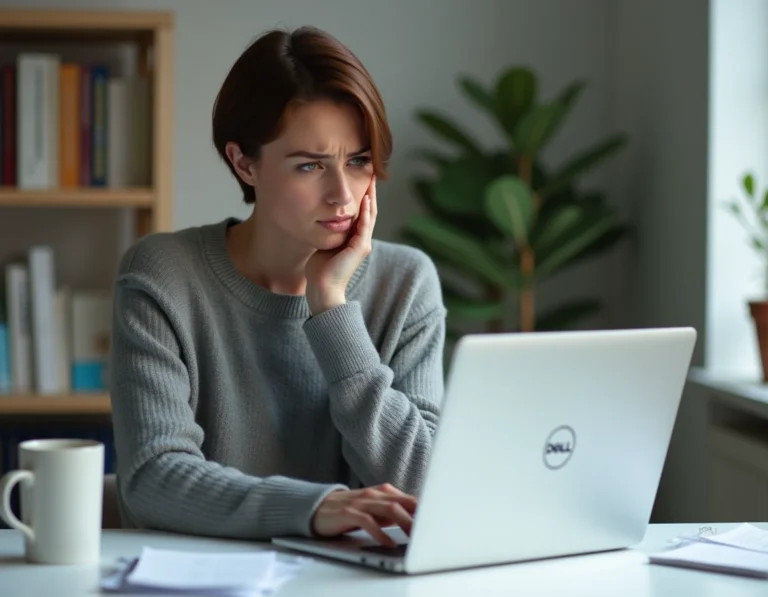 Femme frustrée devant un clavier Dell bloqué sur son ordinateur portable au bureau