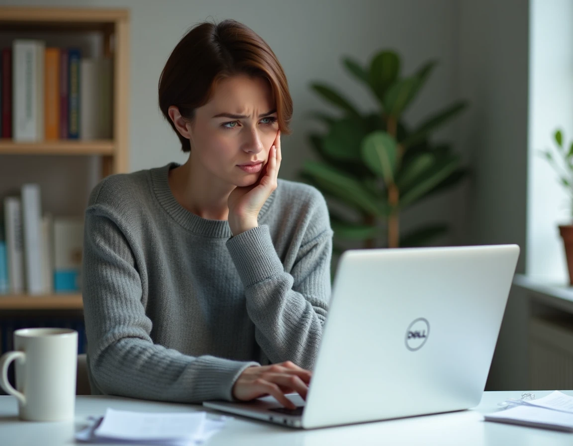 Femme frustrée devant un clavier Dell bloqué sur son ordinateur portable au bureau
