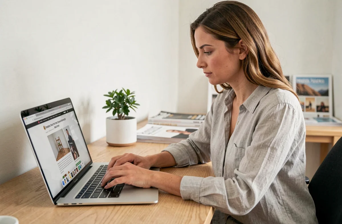 Femme consultant le site 11lemagazine.fr sur un ordinateur portable dans un bureau moderne