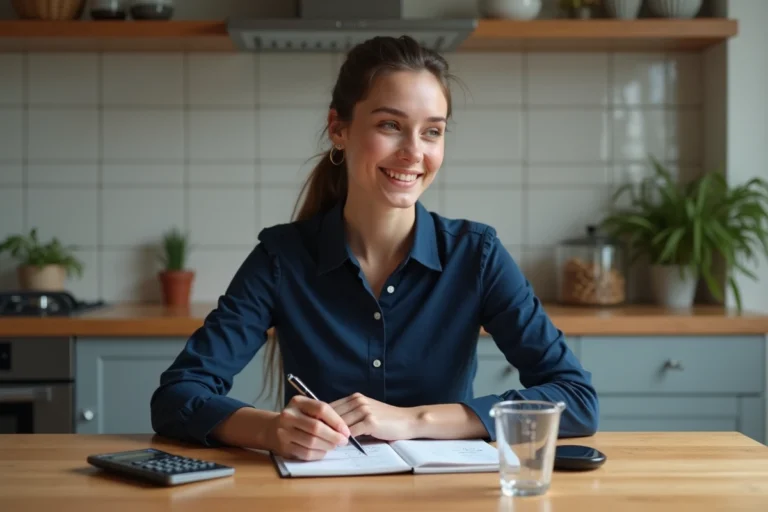 Jeune femme convertissant millilitres en litres dans la cuisine