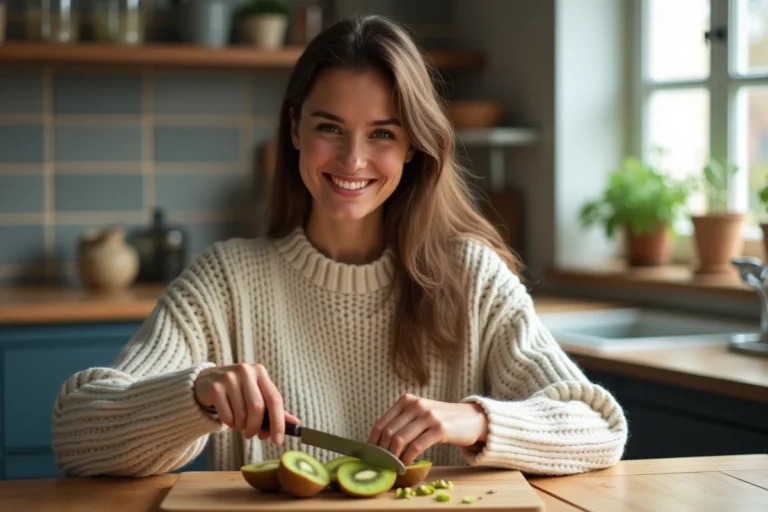 Jeune femme préparant un kiwi dans la cuisine chaleureuse
