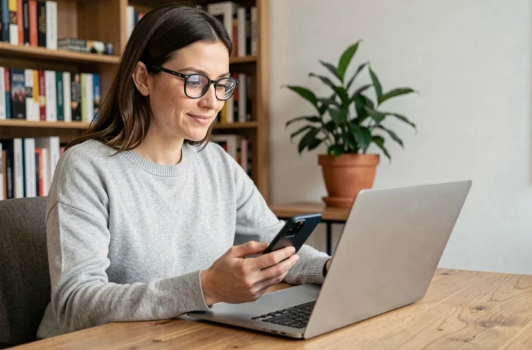 Femme consultant ses emails sur son téléphone portable et son ordinateur portable dans un bureau à domicile moderne