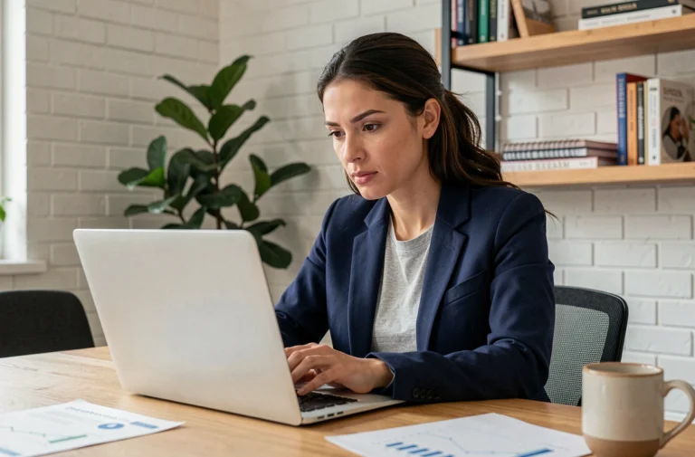 Femme entrepreneur analysant des ressources en ligne pour développer son business depuis son bureau à domicile