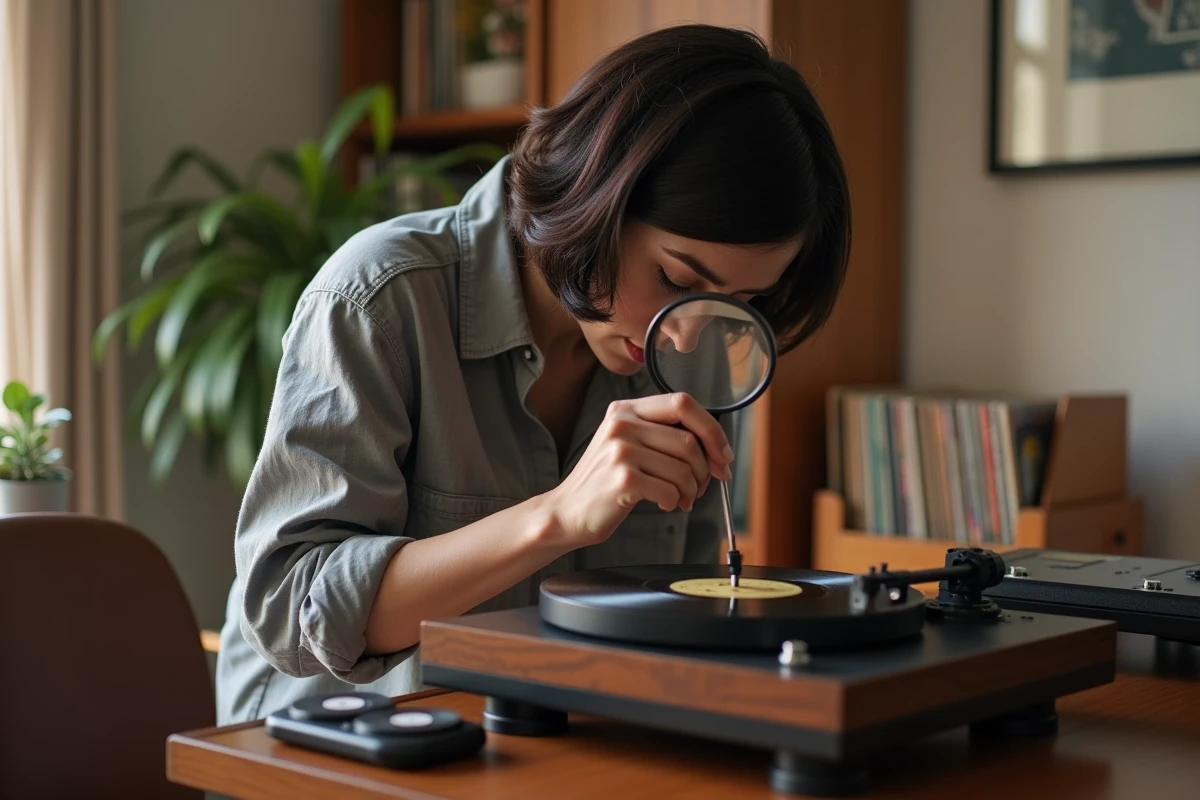 Femme audiophile inspectant la pointe d'un diamant de platine vinyle à la loupe avant installation dans son salon