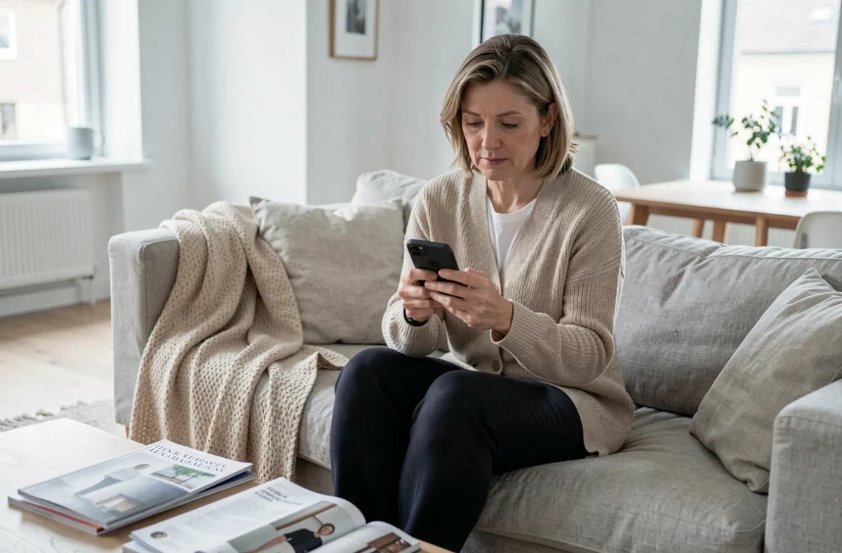 Femme parcourant le contenu de 11lemagazine.fr sur smartphone dans un salon scandinave