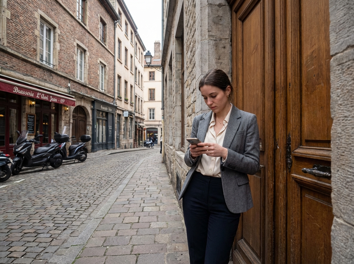 Jeune femme professionnelle devant une porte en ville