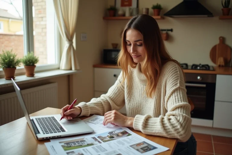 Femme consultant des petites annonces immobilières sur papier et ordinateur portable pour trouver la maison de ses rêves