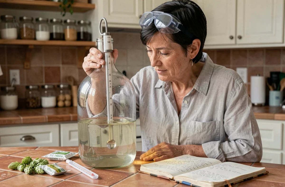 Femme contrôlant la fermentation du whisky maison avec un hydromètre dans une cuisine artisanale