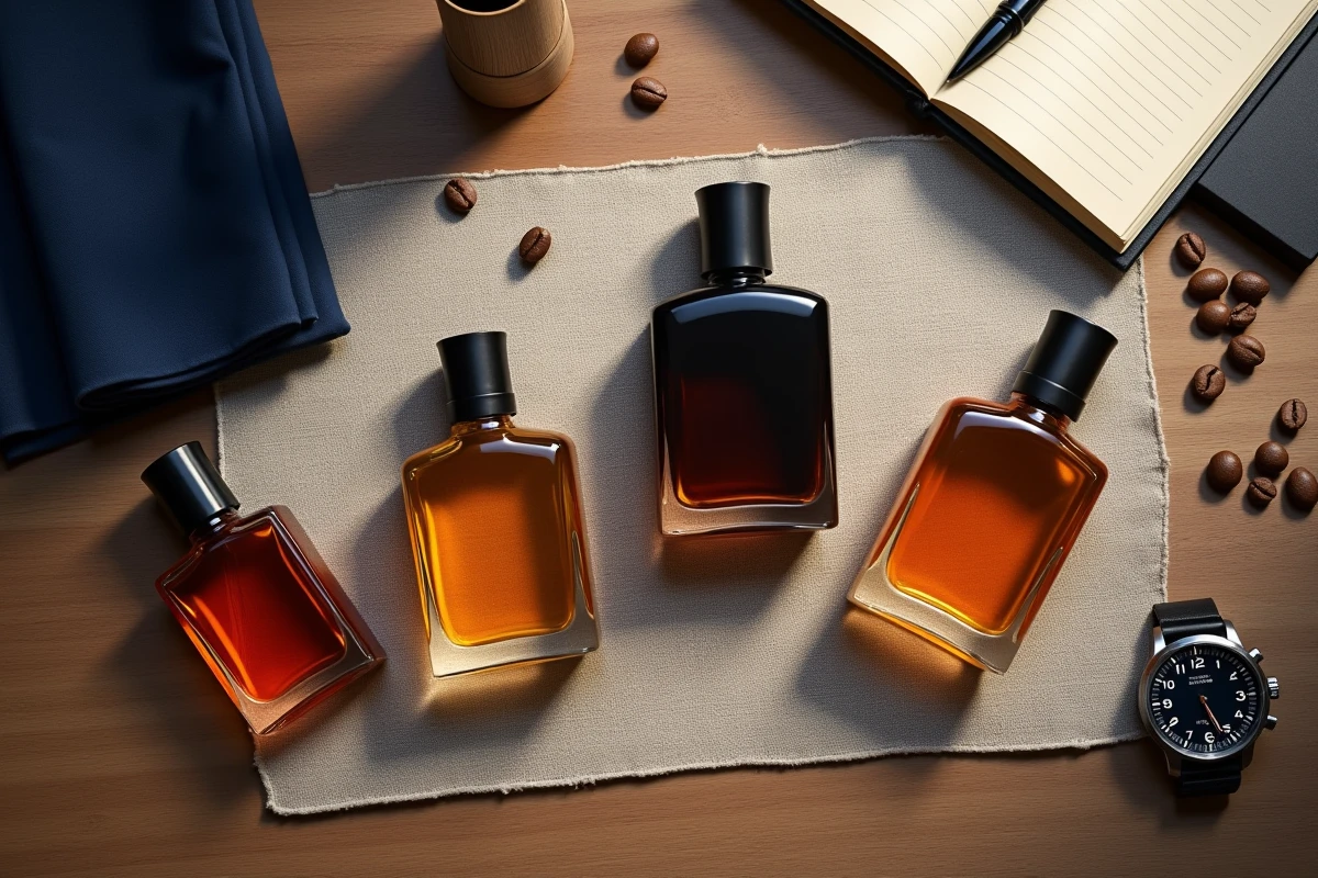 Arrangement flat-lay de flacons de parfum homme abordables sur un bureau en bois avec accessoires élégants