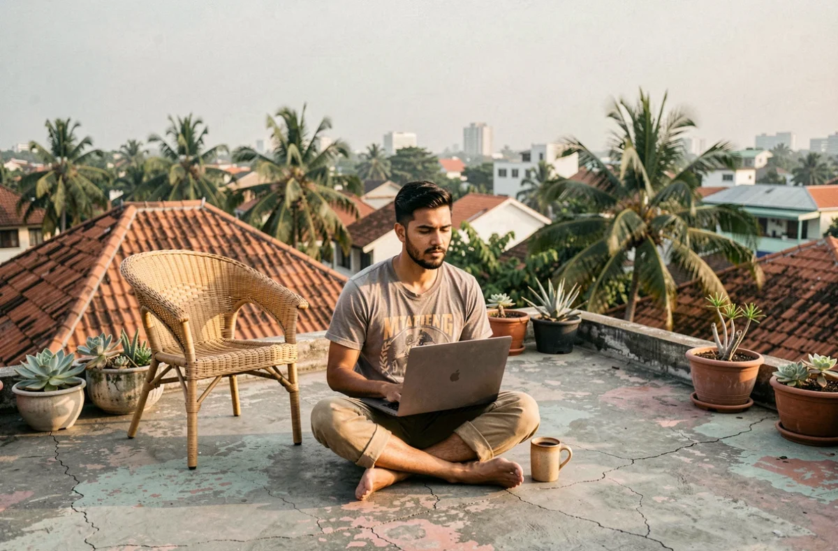 Jeune voyageur travaillant sur son ordinateur sur la terrasse d'une guesthouse en Asie du Sud-Est avec vue sur les toits