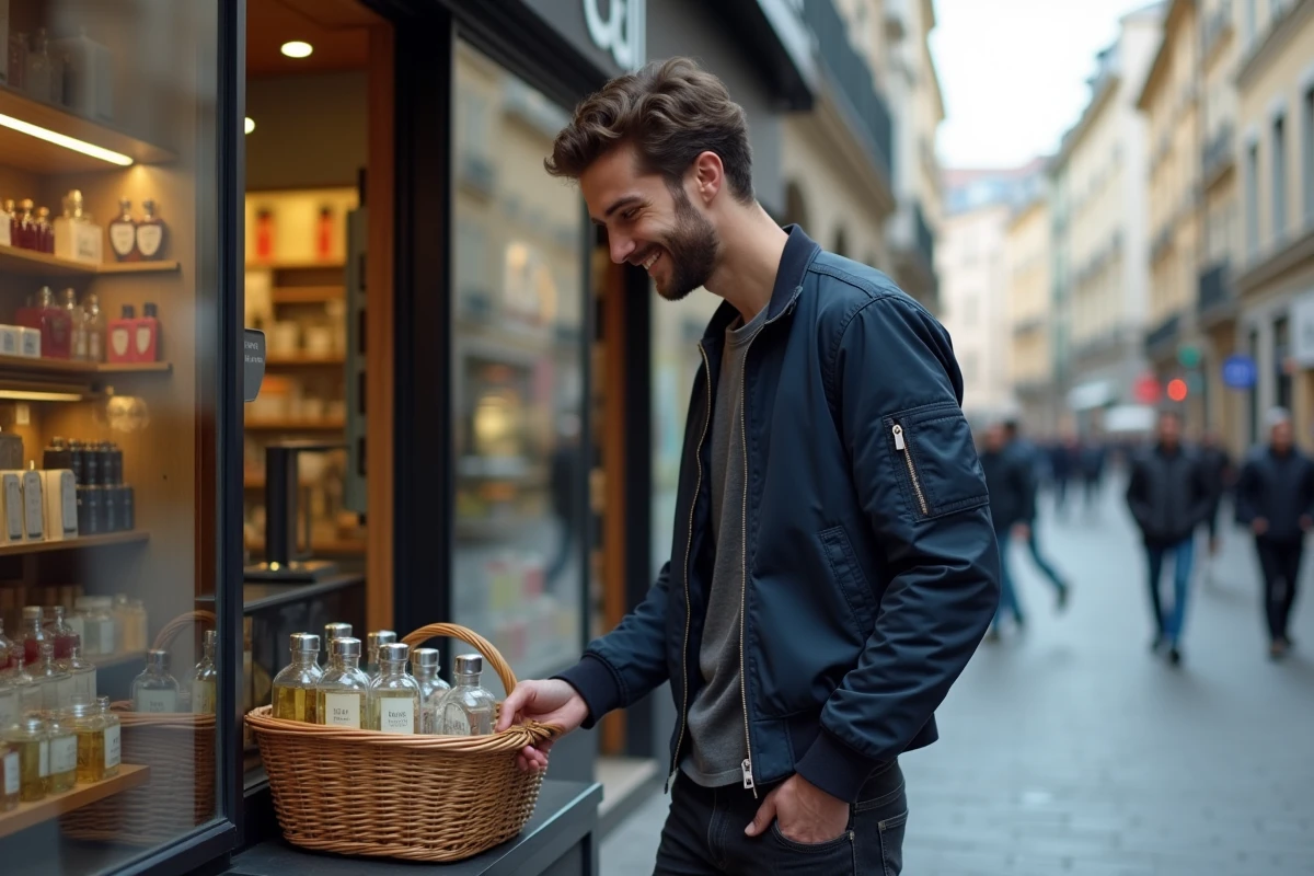 Jeune homme parcourant des alternatives de parfum bon marché devant une boutique en ville