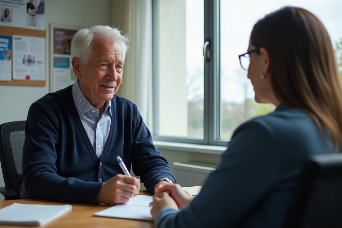 Homme de soixante ans en entretien dans un centre de formation