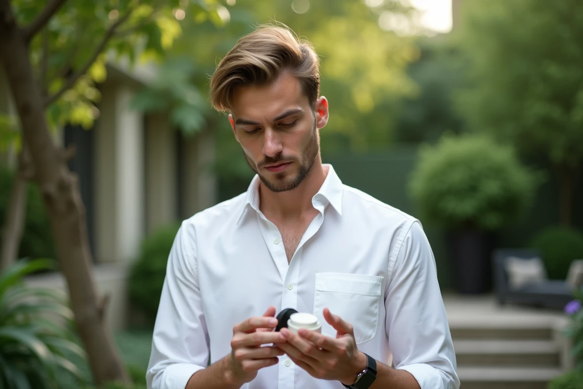 Homme examinant une creme visage dans un jardin verdoyant